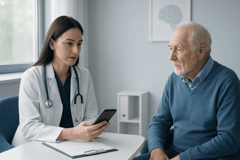 Doctor consulting elderly patient about neurological health in clinic.