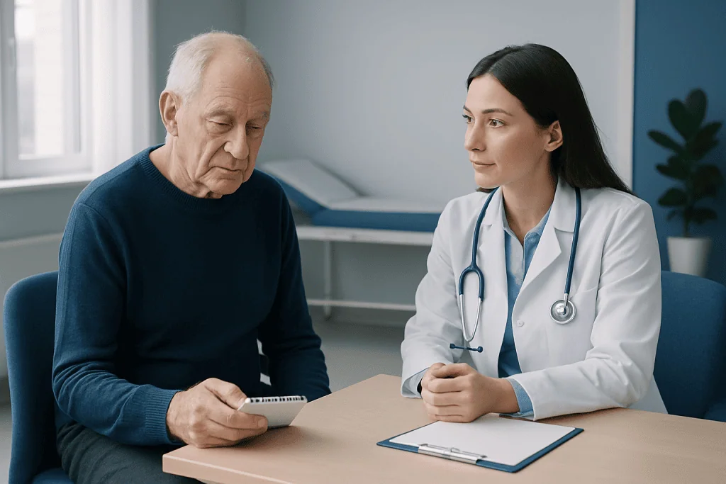 Doctor consulting with elderly patient in a medical office setting.