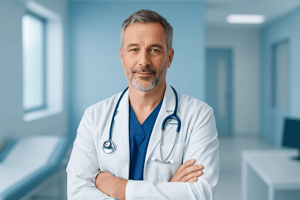 How to Understand Plastic Surgery Medical Terms 1 Experienced male doctor in a hospital corridor with stethoscope.