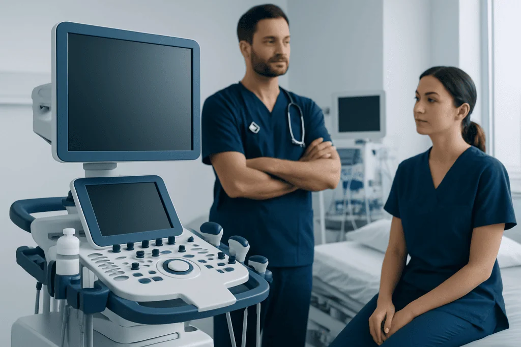 Medical professionals using ultrasound equipment in a hospital setting.