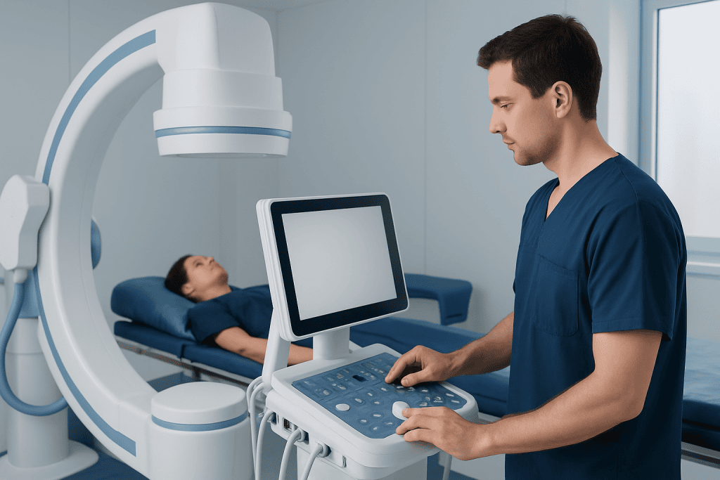 Medical professional operating imaging equipment in a hospital setting.