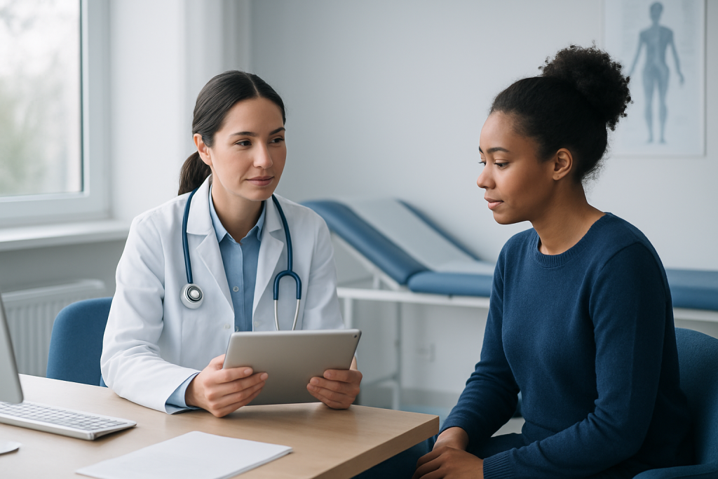 Doctor consulting with patient in a medical office setting.