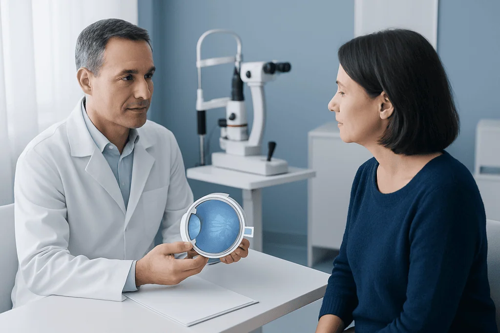 Ophthalmologist explaining eye health to a patient in a clinic.