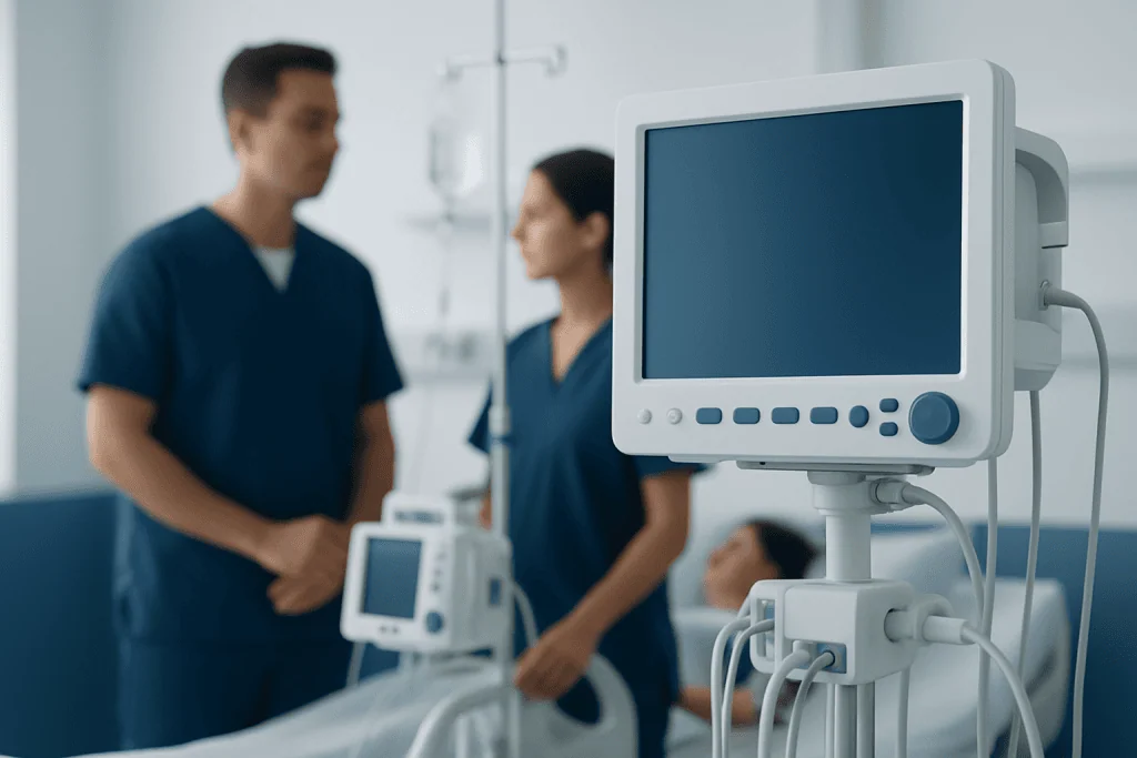 Hospital medical staff with monitors in a clinical setting.