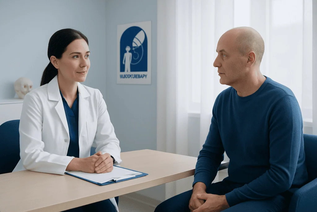 Doctor consulting with patient in a medical office setting.