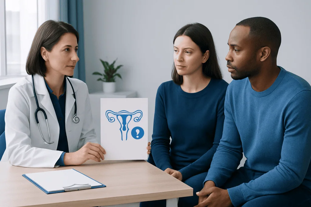 Doctor explains fertility options to a couple in a consultation room.