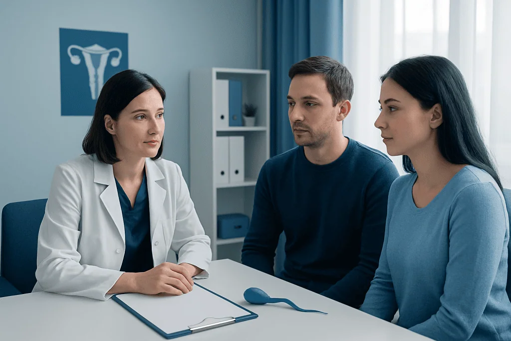 Doctor consulting with couple about fertility treatment options at clinic.