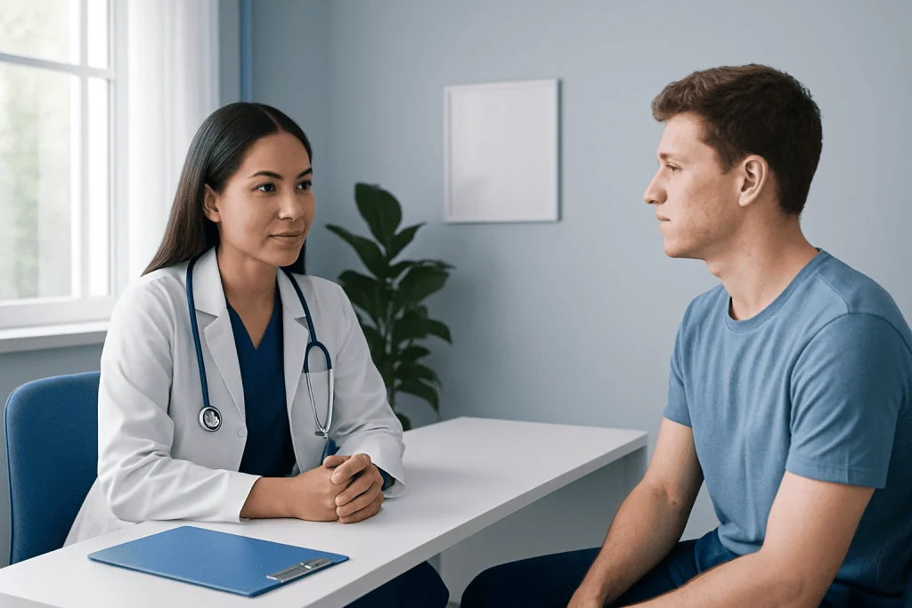 Doctor consulting with a patient in a modern clinic setting.