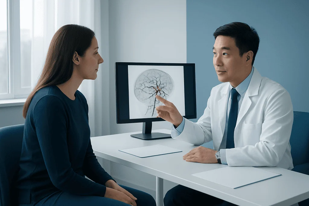 Doctor explaining brain AVM treatment options to a patient in a consultation room.