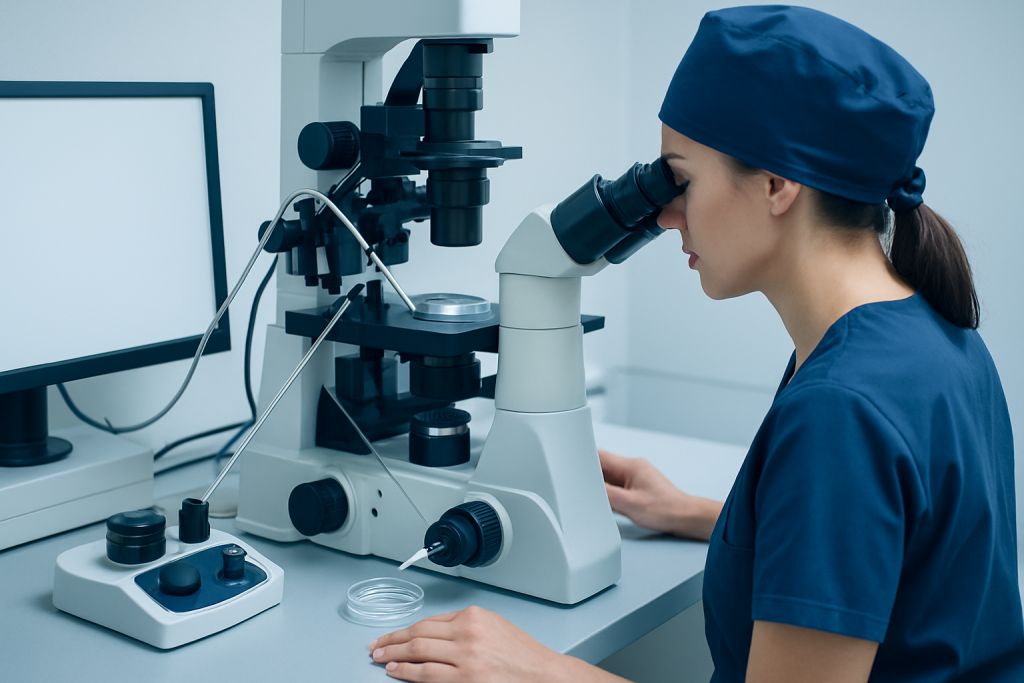 Female scientist using a microscope in a laboratory setting.