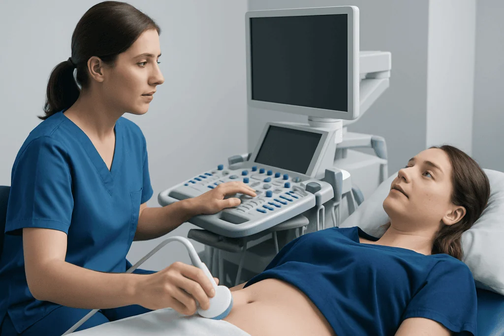 Medical professional performing an ultrasound on a patient in a hospital room.