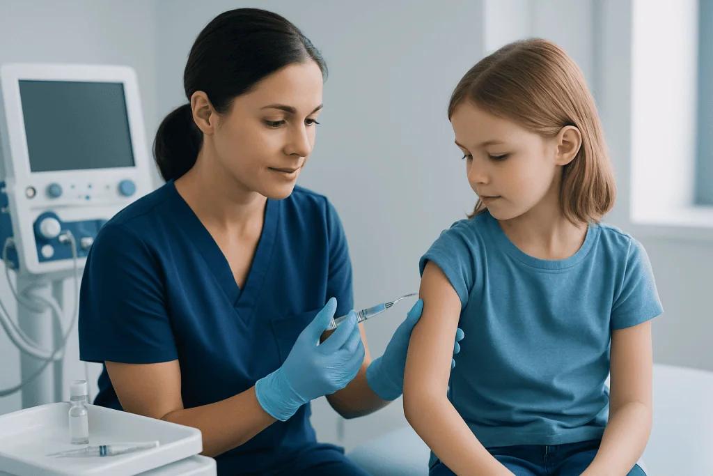 Child receiving vaccination from healthcare professional in a clinical setting.