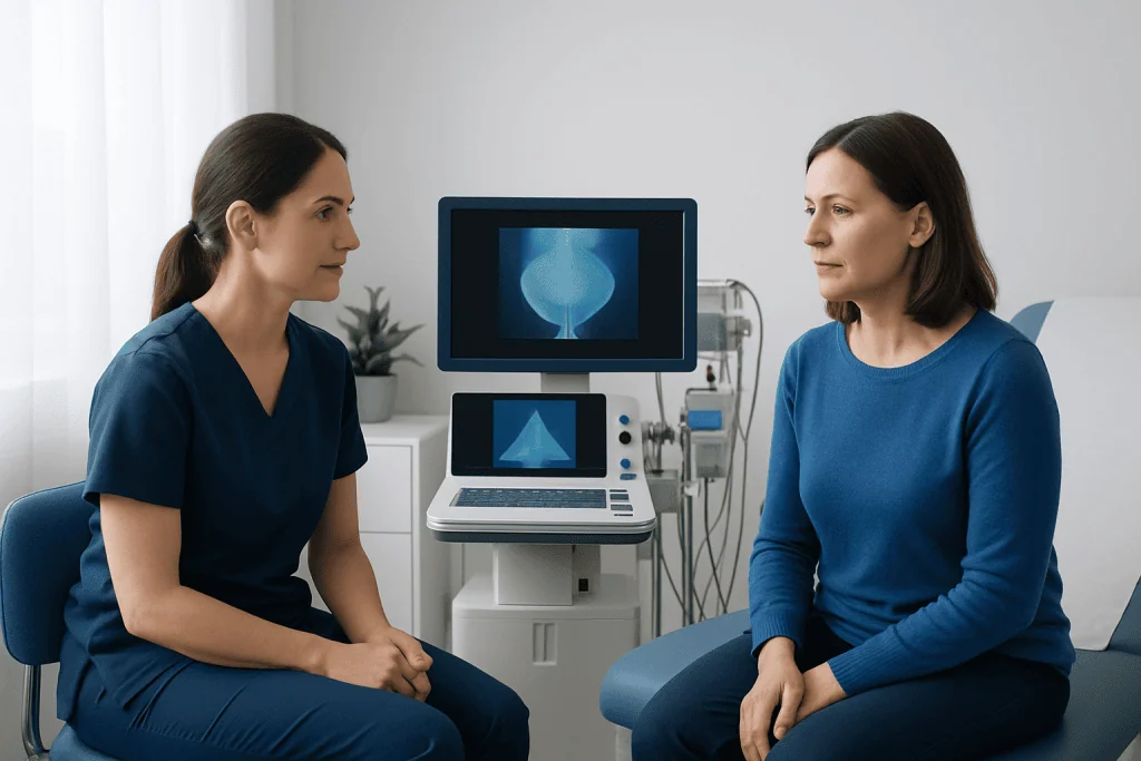 Doctor explains urodynamic test results to patient in clinic.