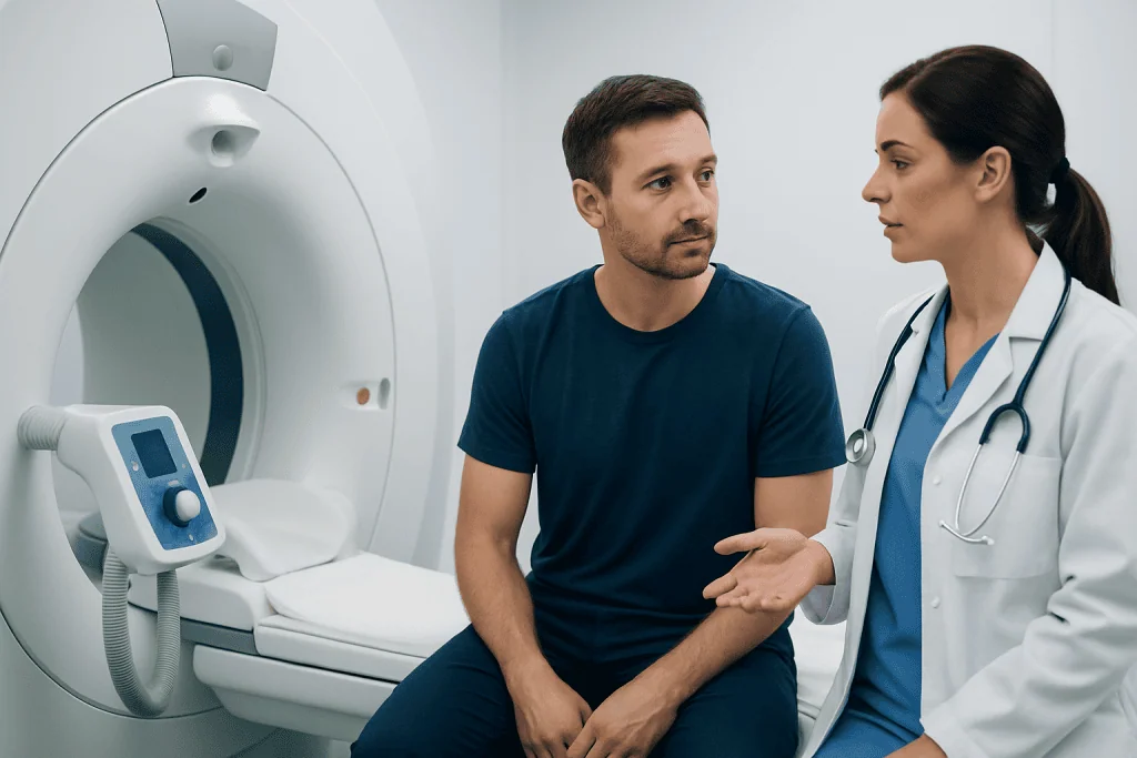 Doctor explaining additional tests to a patient before surgery in a hospital setting.