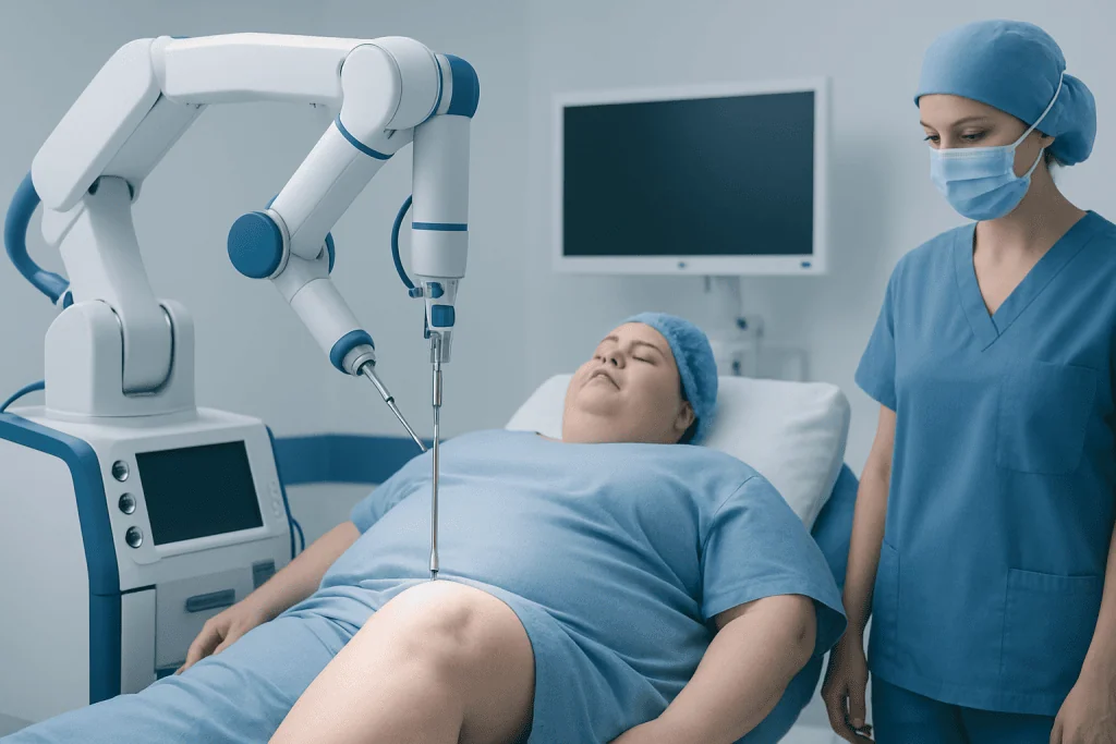 Robotic surgical system performing procedure on patient in hospital.