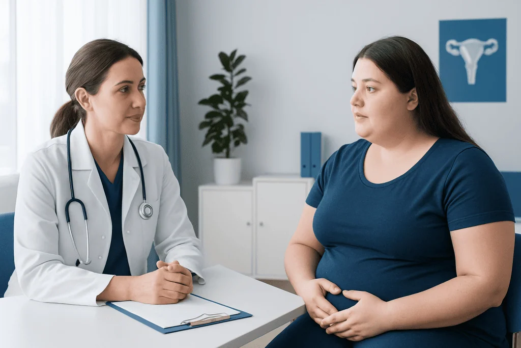 Doctor consulting with a woman patient in a medical office.