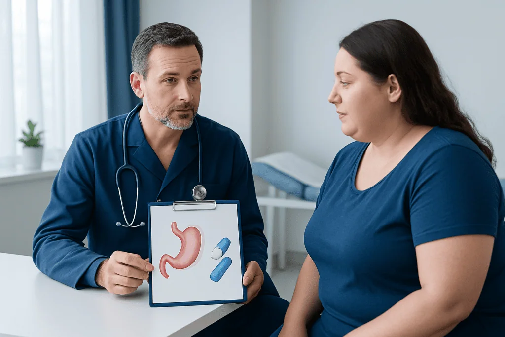 Doctor explaining gastric surgery options to a patient in a consultation room.