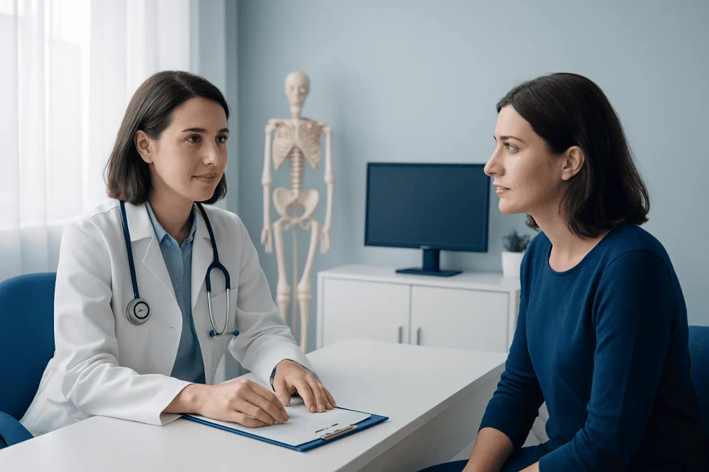 Doctor consulting with a patient in a medical office with a skeleton model in background.