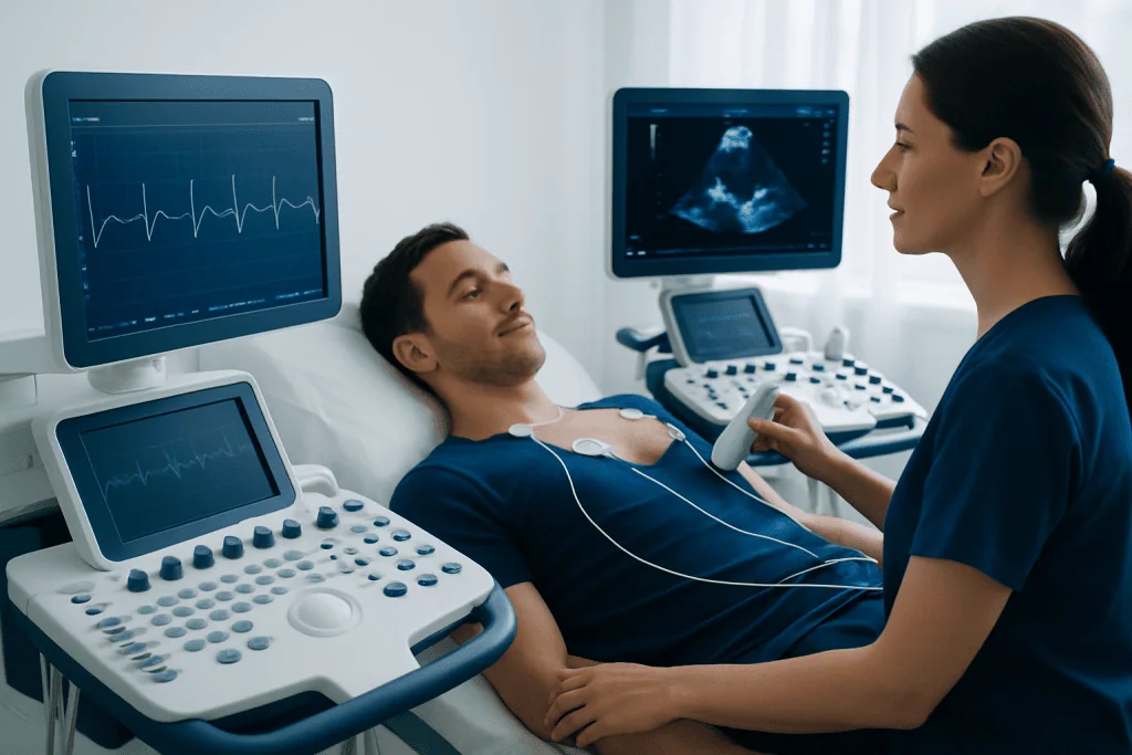 Patient undergoing ECG and echocardiogram tests at Acibadem Hospital in Turkey.