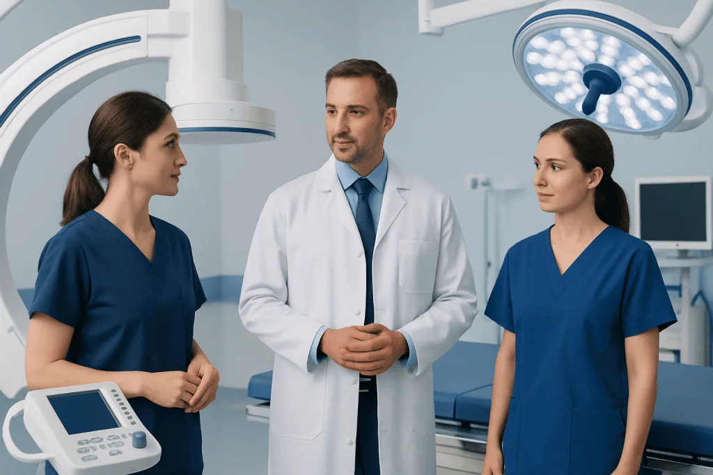 Medical team discussing patient care in a modern hospital operating room.
