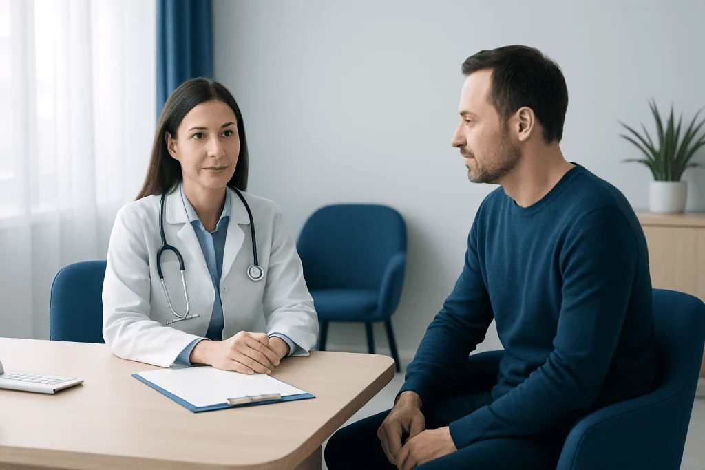 Doctor consulting with patient in a modern hospital setting.
