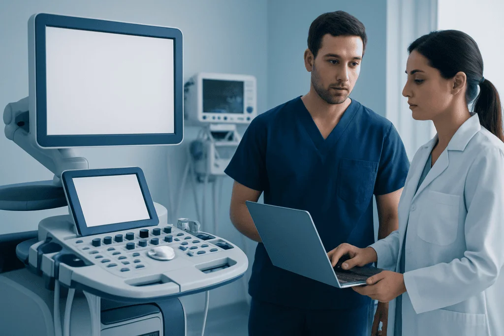 Medical professionals reviewing patient data with ultrasound equipment in hospital.