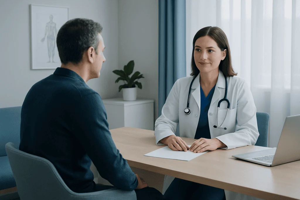 Doctor consulting with a patient in a modern clinic setting.