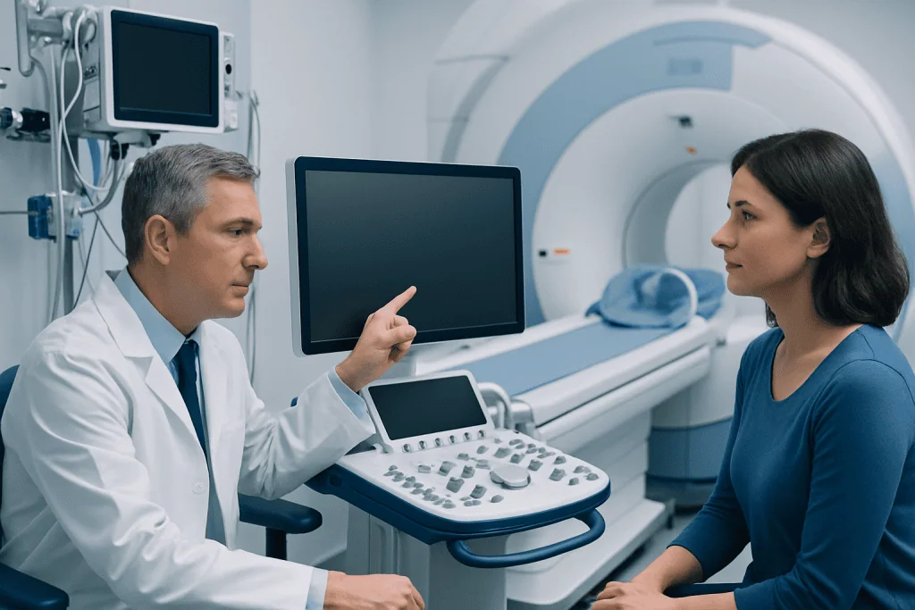 Doctor explaining MRI scan results to a patient in a hospital setting.