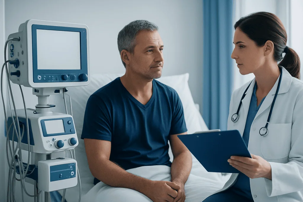 Doctor consulting with patient in hospital room with medical equipment.