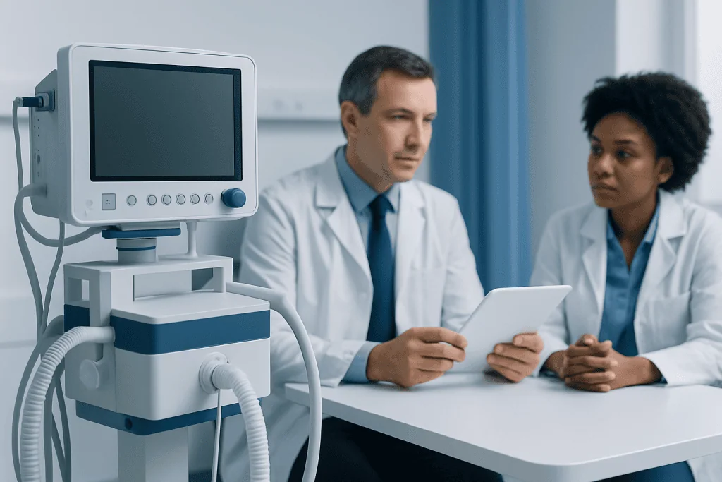 Doctors discussing patient care with medical equipment in the background.