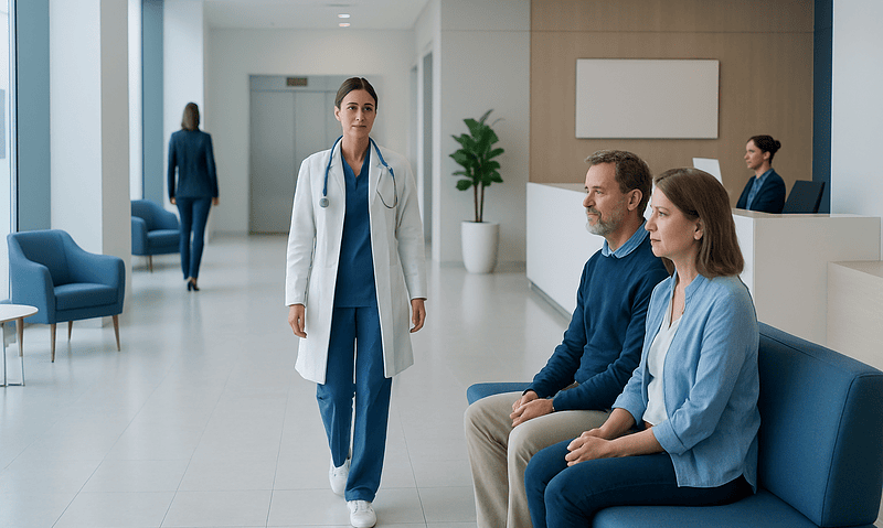 Healthcare professional approaching patients in hospital lobby.