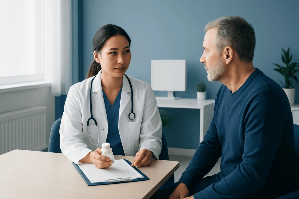 Doctor consulting with a male patient in a hospital office.