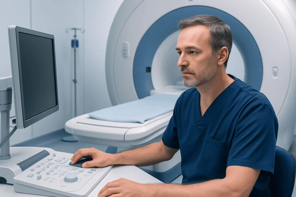 Medical professional operating MRI scanner in hospital setting.