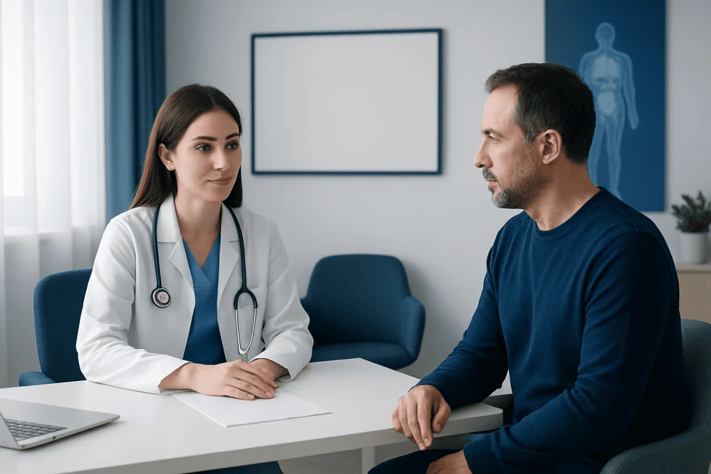 Doctor consulting with patient in a modern medical office at Acibadem Hospital.