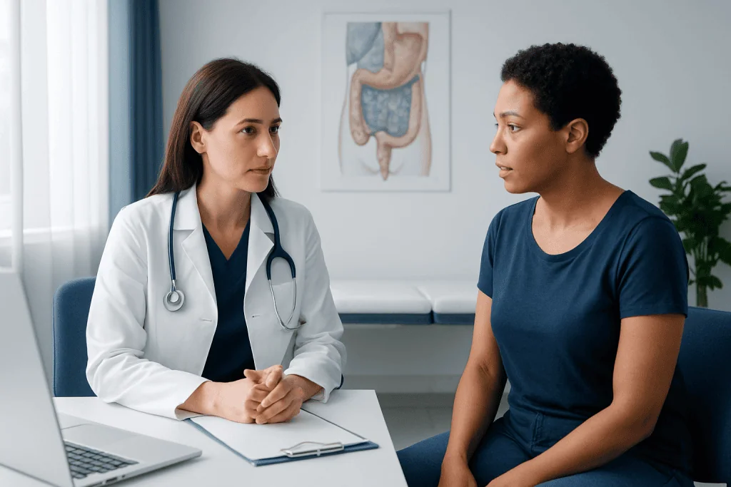 Female doctor consulting with patient in a medical office at Acibadem Hospitals Group.