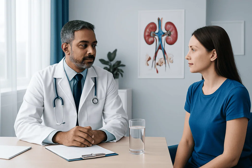 Doctor consulting with a female patient about kidney health in a medical office.