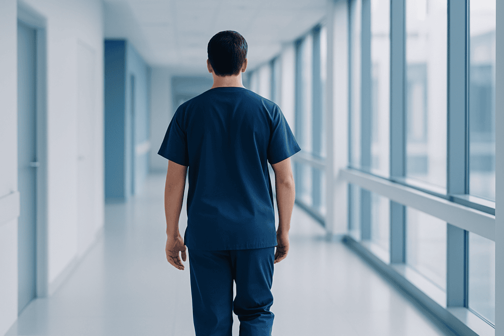 Hydrocele Treatment in Turkey: Causes, Symptoms, and When to Seek Treatment 1 Healthcare professional walking in hospital corridor with large windows.