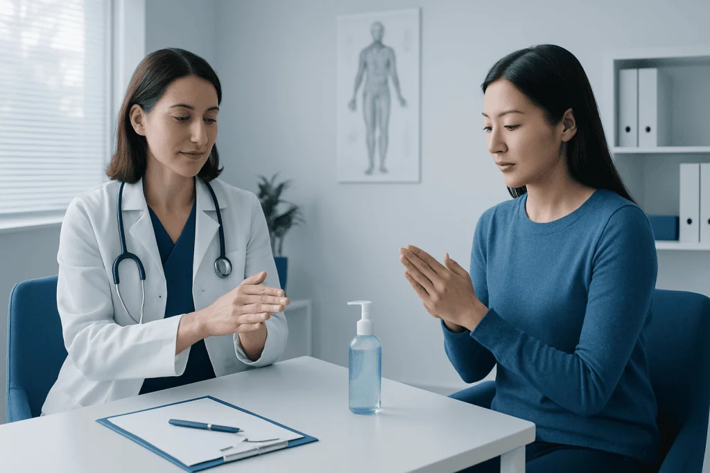 Doctor advising patient on health precautions in a clinic setting.