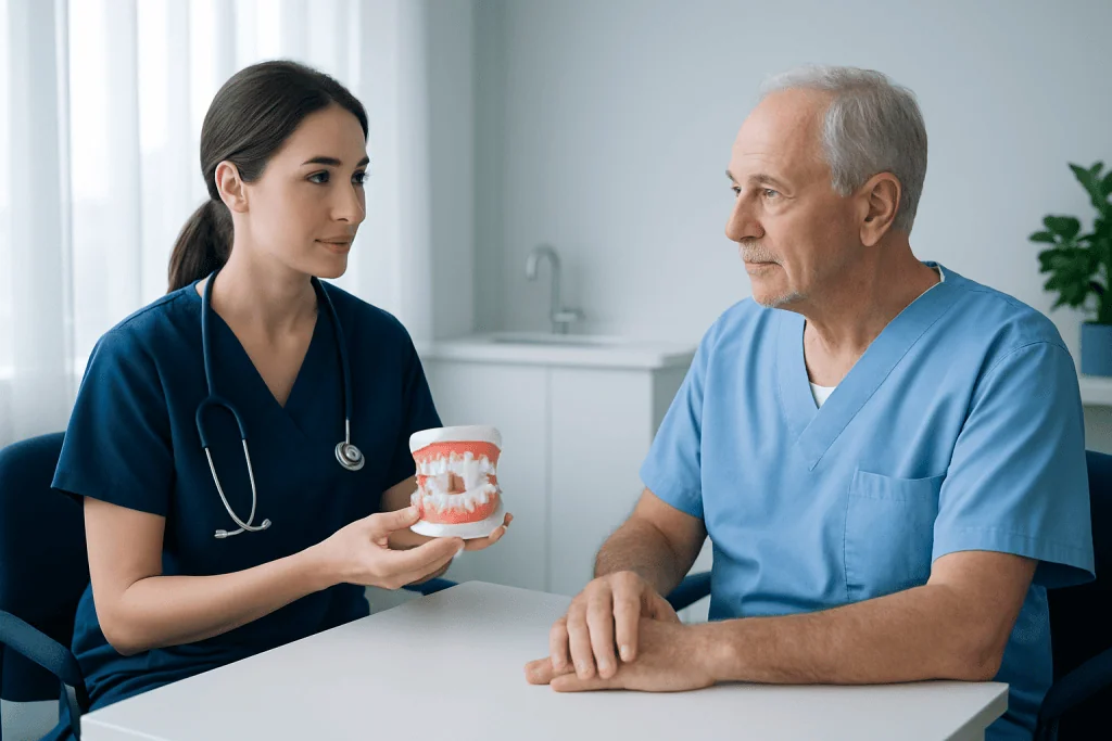 Dentist explaining dental health to senior patient with dental model.