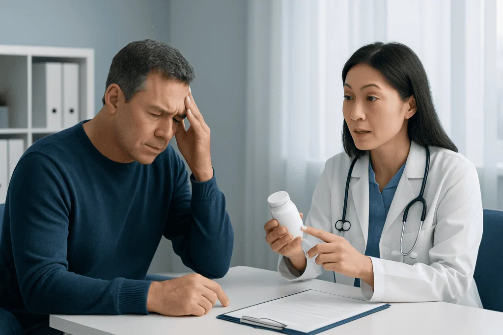 Doctor explaining medication to patient with headache in clinic.