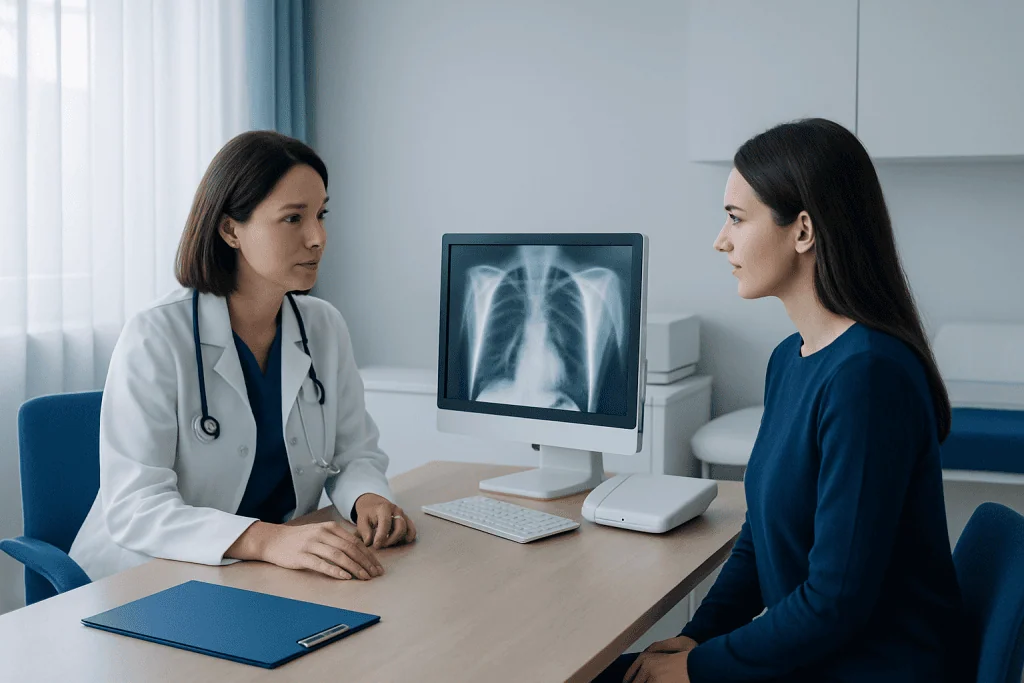 Doctor explaining lung X-ray to patient in a medical consultation room.