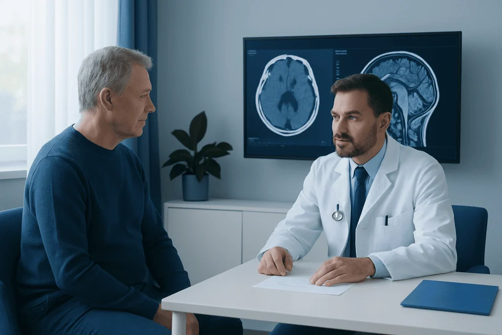 Doctor discussing neurological scan results with patient in a clinic.