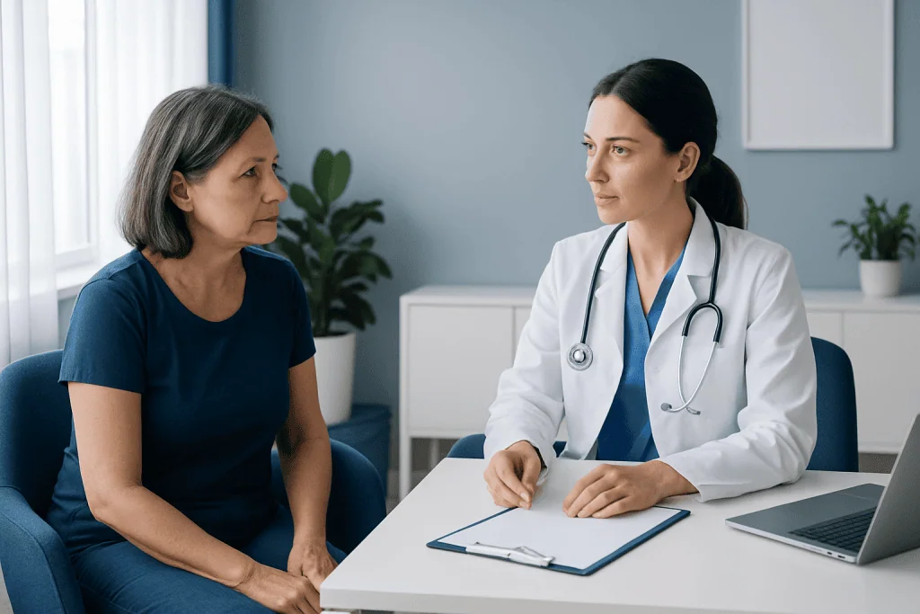 Doctor consulting with a patient about breast reconstruction options after mastectomy.