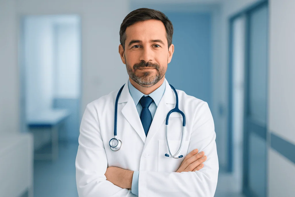 Immunotherapy in Turkey: Cancer Treatment Innovation 1 Doctor in white coat with stethoscope in hospital corridor.
