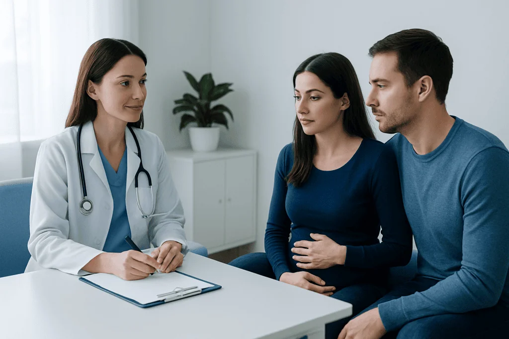 Doctor consulting with a couple about fertility at a clinic.