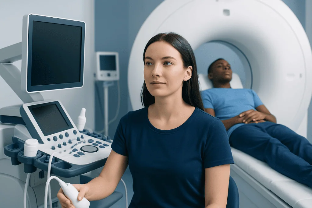 Medical technician preparing for an MRI scan in a hospital setting.