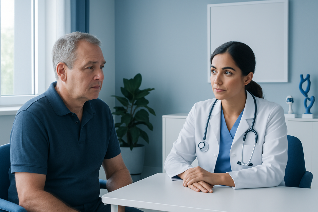 Doctor consulting with an older male patient in a medical office.