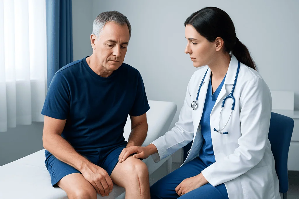 Doctor examining patient's knee in a clinical setting.