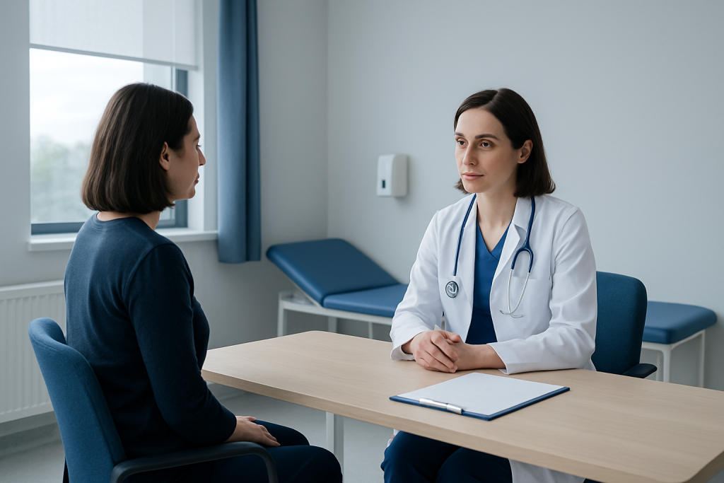 Doctor consulting with a patient in a modern hospital room.