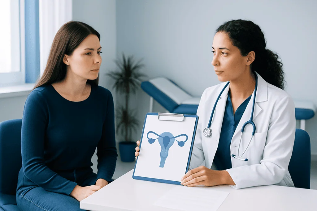 Doctor explaining female reproductive health to patient in clinic.
